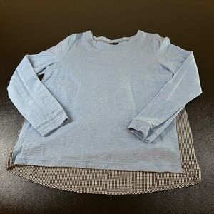 Talbots Knit Top Blouse Gingham Plaid Long Sleeve Casual Blue Womens Medium